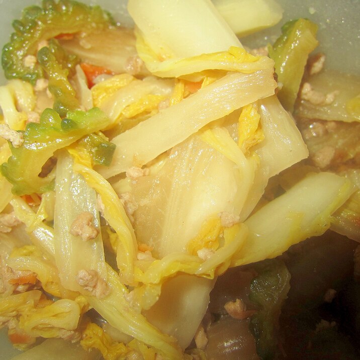 白菜とゴーヤの豚挽肉蜂蜜味醂醤油煮